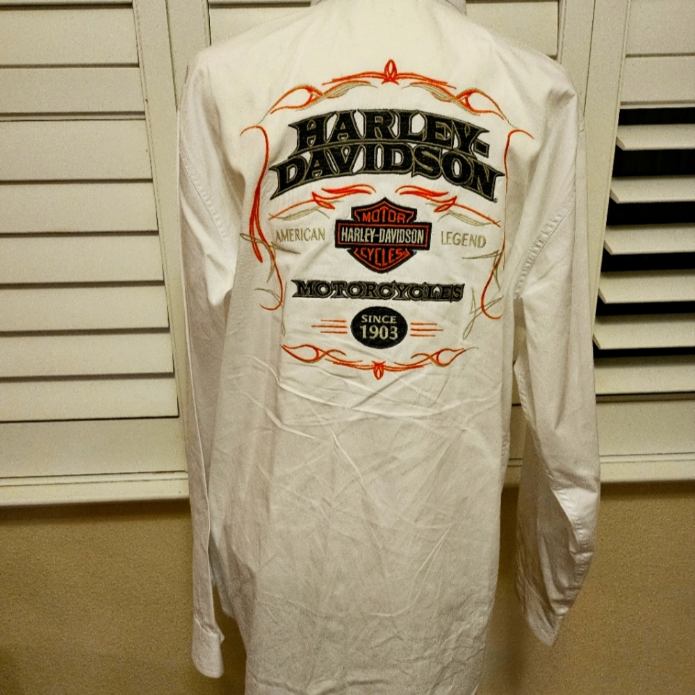 Harley-Davidson White Dress Shirt with Black and Orange Accents